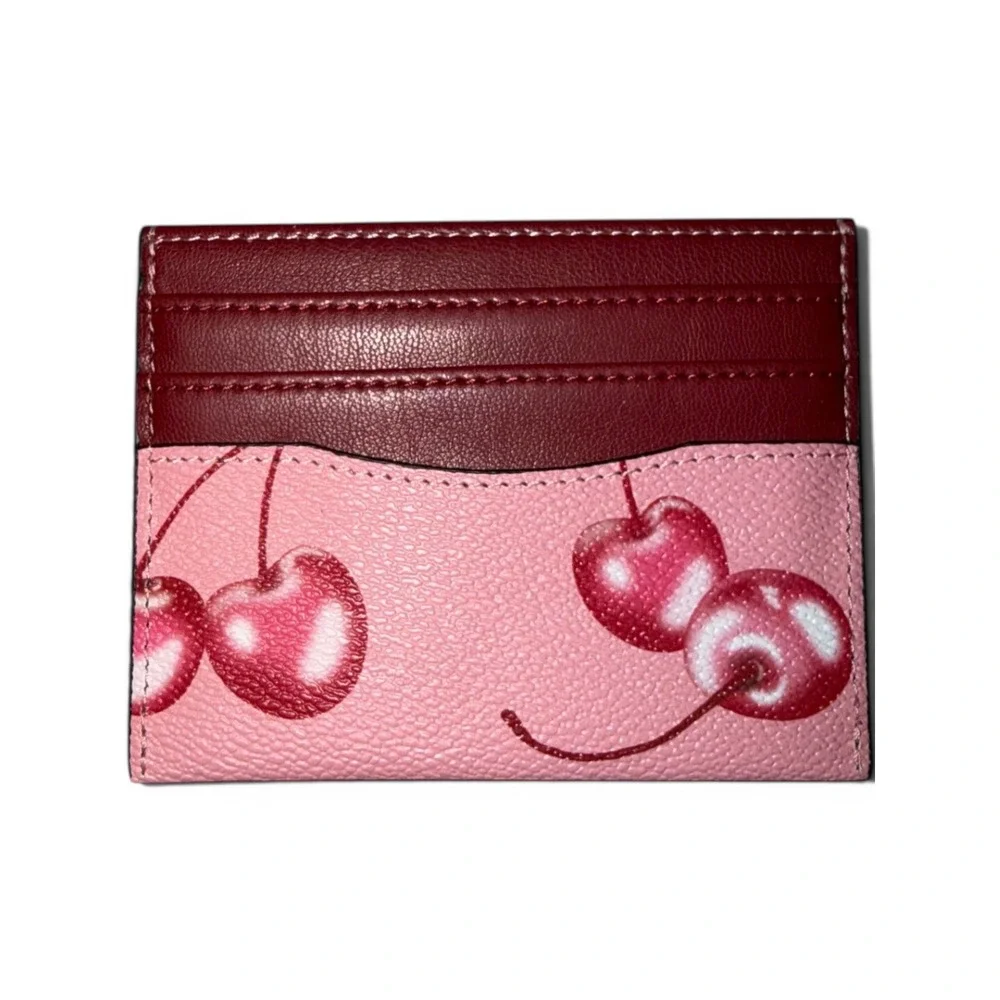 Pink Cherry Print Card Case Wallet with ID Window Burgundy Trim Slim Minimalist
